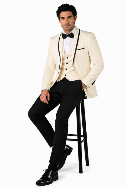 3-Piece Tailored Fit Wool Suit with Bow Tie and Flat Front Pants - Off White Modern Fit