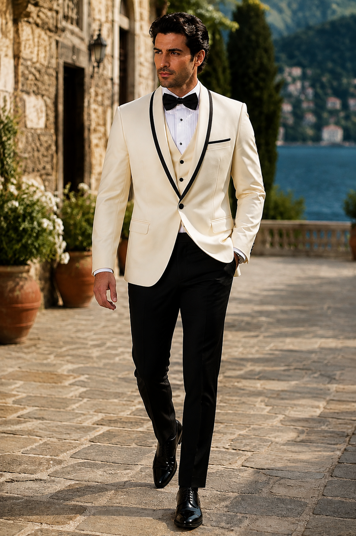 3-Piece Tailored Fit Wool Suit with Bow Tie and Flat Front Pants - Off White Modern Fit