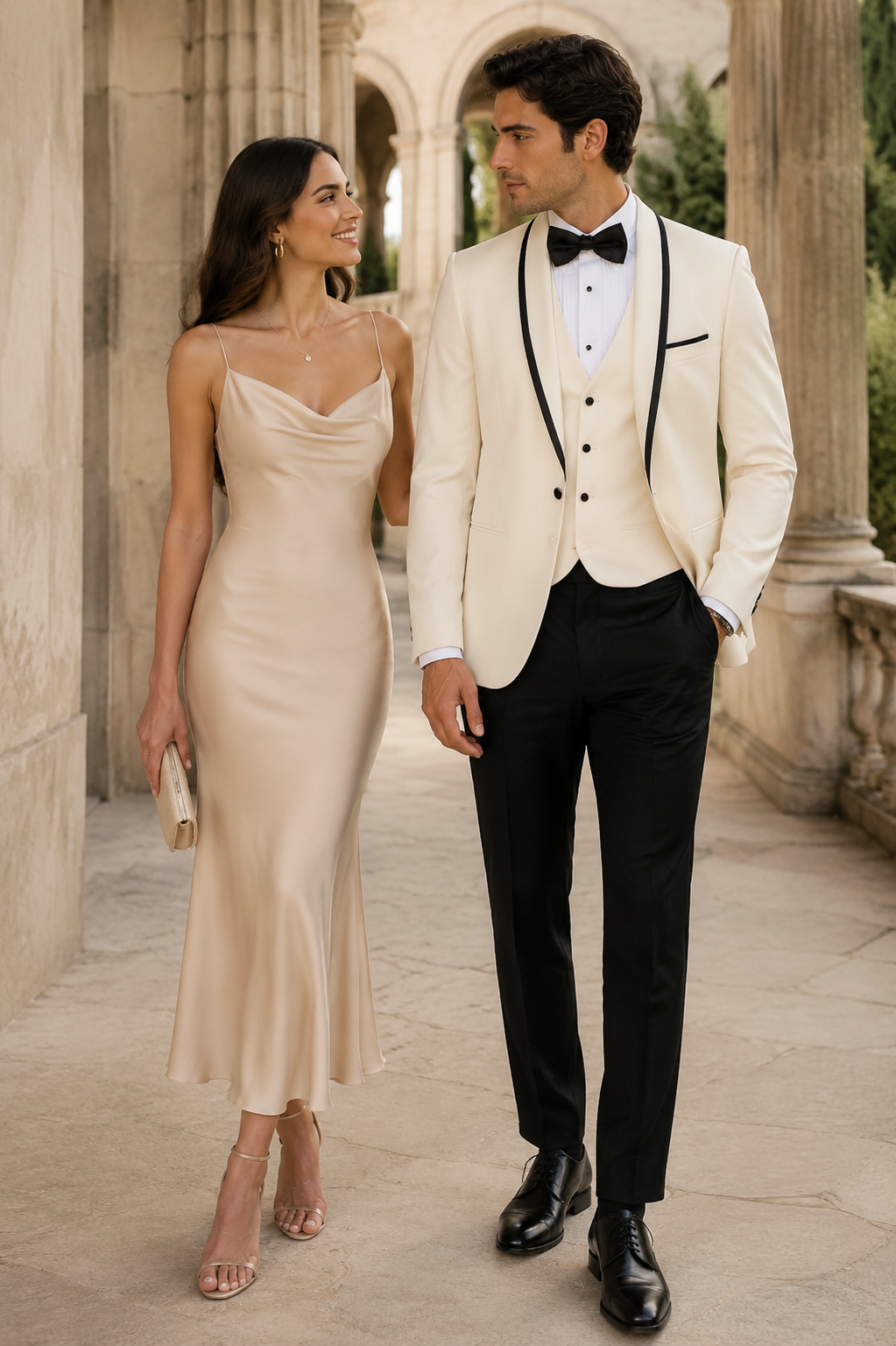 3-Piece Tailored Fit Wool Suit with Bow Tie and Flat Front Pants - Off White Modern Fit