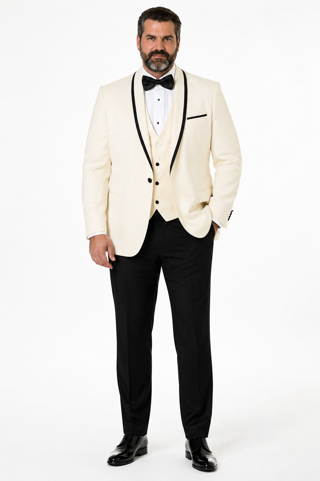3-Piece Tailored Fit Wool Suit with Bow Tie and Flat Front Pants - Off White Modern Fit