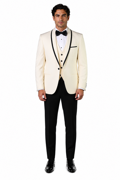 3-Piece Tailored Fit Wool Suit with Bow Tie and Flat Front Pants - Off White Modern Fit