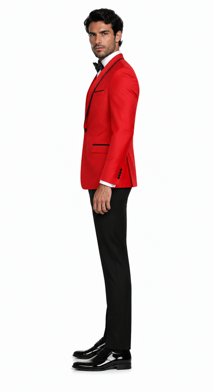 3-Piece Tailored Fit Wool Suit with Bow Tie and Flat Front Pants - Red Modern Fit