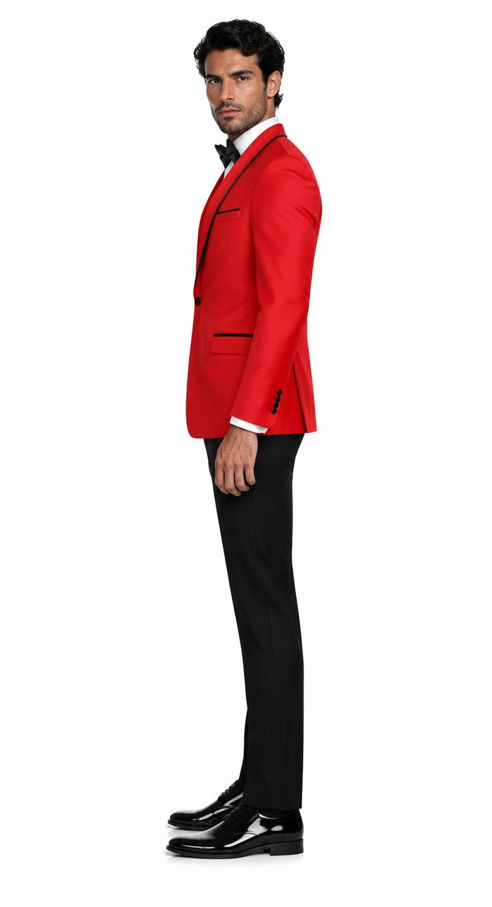 3-Piece Tailored Fit Wool Suit with Bow Tie and Flat Front Pants - Red Modern Fit