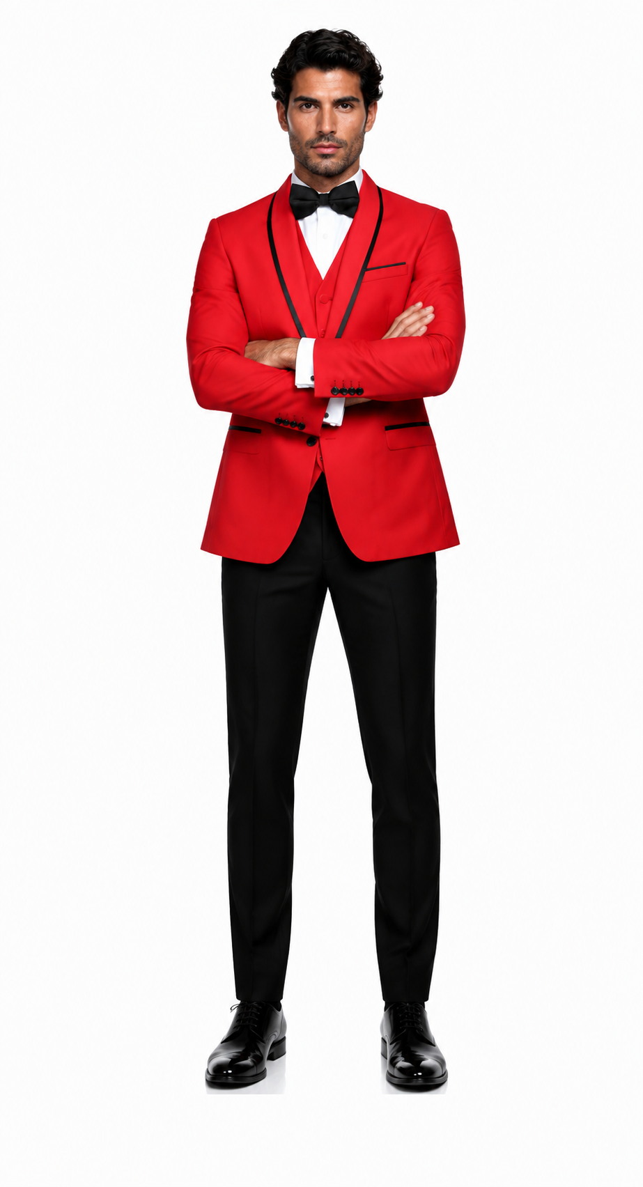 3-Piece Tailored Fit Wool Suit with Bow Tie and Flat Front Pants - Red Modern Fit