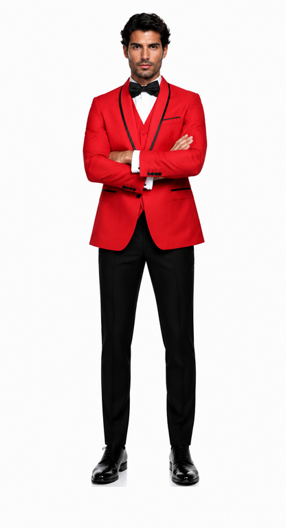 3-Piece Tailored Fit Wool Suit with Bow Tie and Flat Front Pants - Red Modern Fit