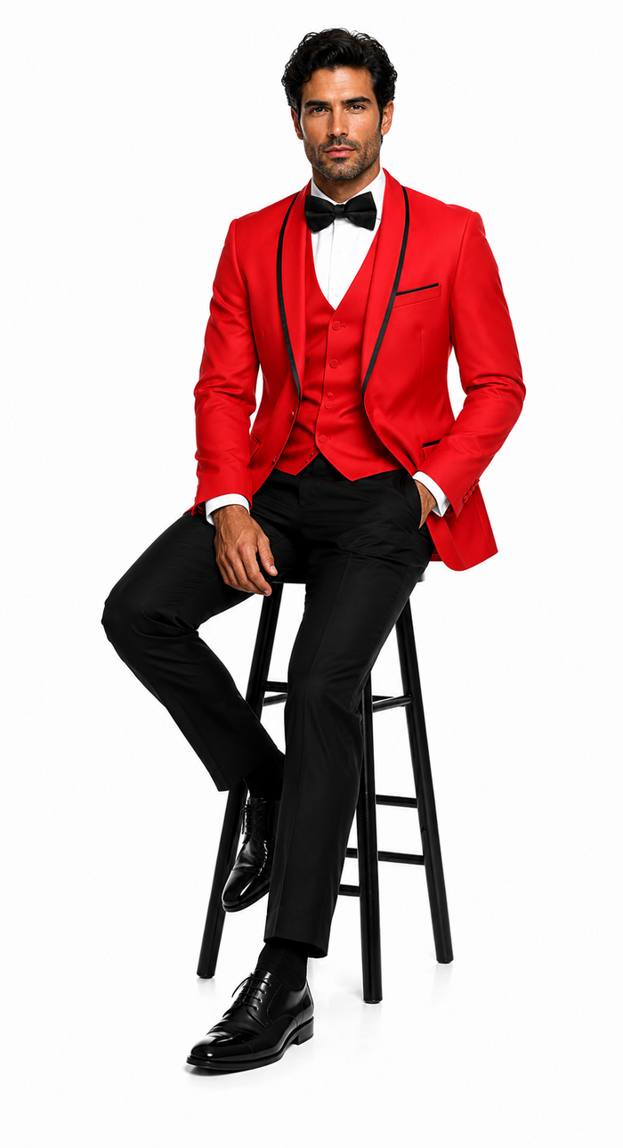 3-Piece Tailored Fit Wool Suit with Bow Tie and Flat Front Pants - Red Modern Fit