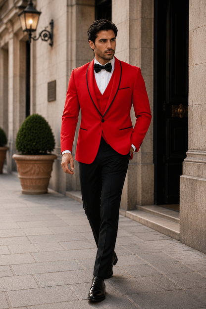 3-Piece Tailored Fit Wool Suit with Bow Tie and Flat Front Pants - Red Modern Fit