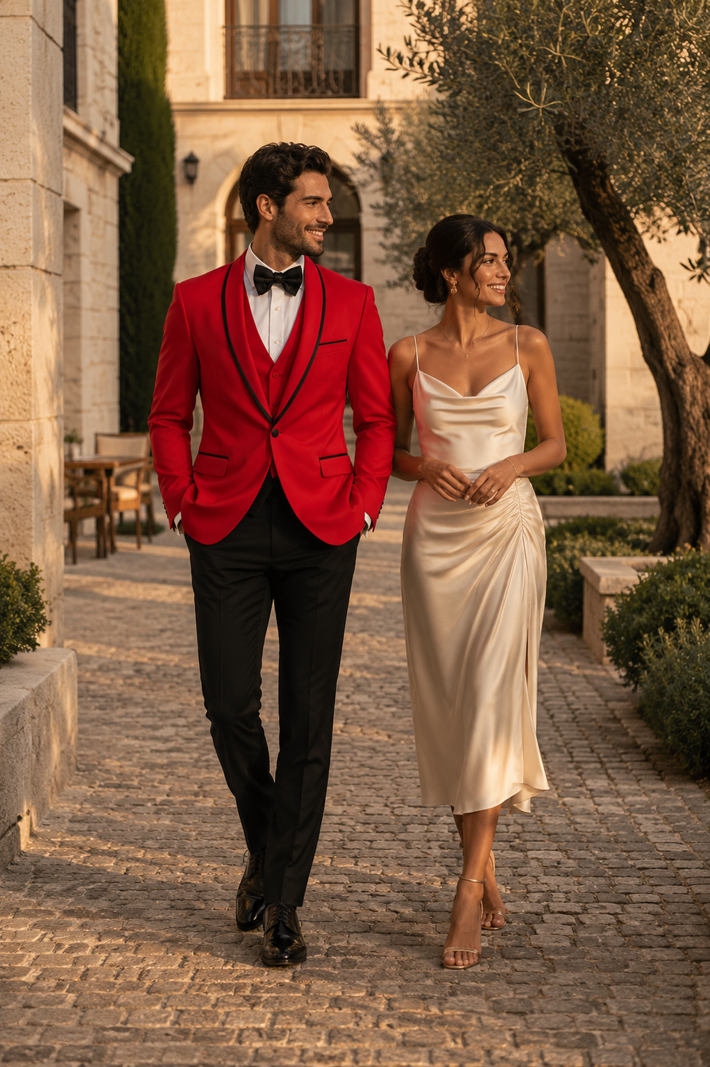 3-Piece Tailored Fit Wool Suit with Bow Tie and Flat Front Pants - Red Modern Fit