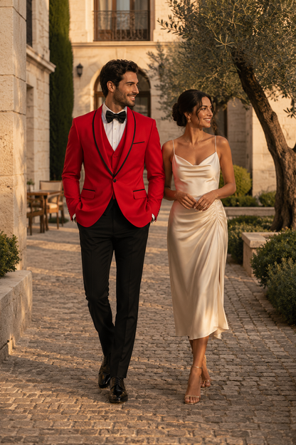 3-Piece Tailored Fit Wool Suit with Bow Tie and Flat Front Pants - Red Modern Fit