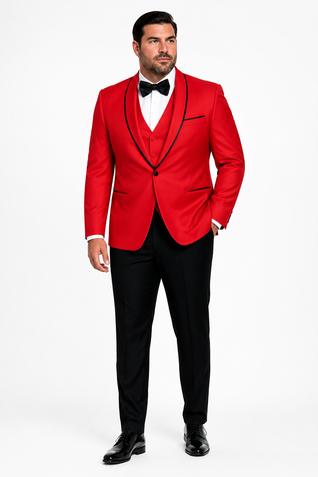 3-Piece Tailored Fit Wool Suit with Bow Tie and Flat Front Pants - Red Modern Fit