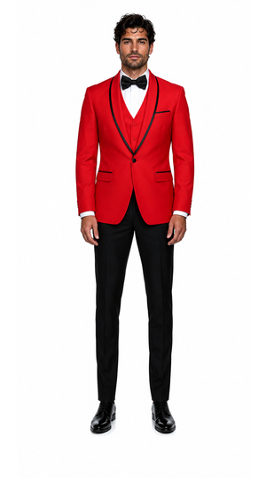 3-Piece Tailored Fit Wool Suit with Bow Tie and Flat Front Pants - Red Modern Fit