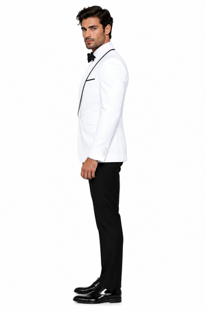 3-Piece Tailored Fit Wool Suit with Bow Tie and Flat Front Pants - White Modern Fit