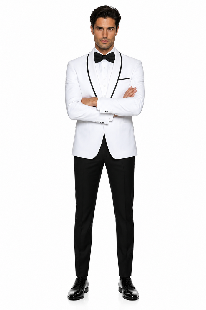 3-Piece Tailored Fit Wool Suit with Bow Tie and Flat Front Pants - White Modern Fit