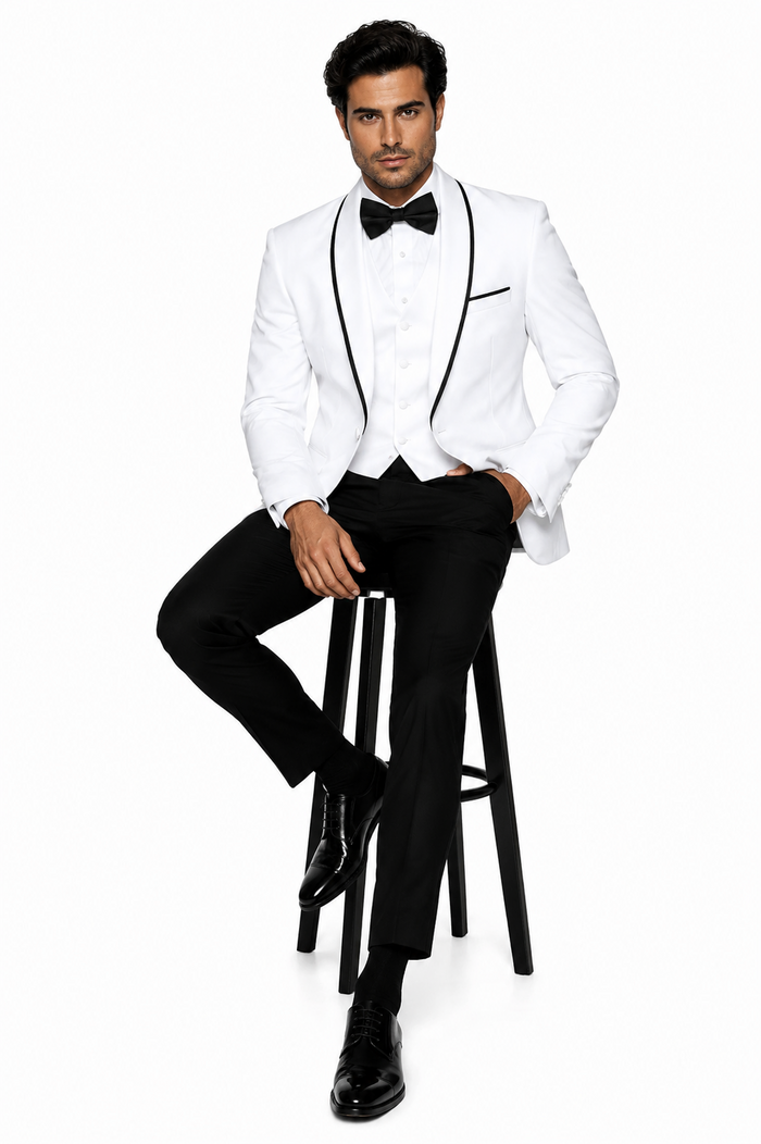 3-Piece Tailored Fit Wool Suit with Bow Tie and Flat Front Pants - White Modern Fit
