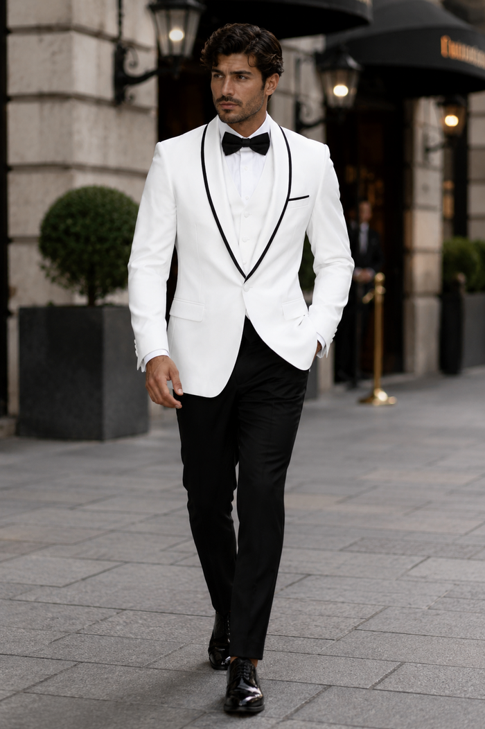 3-Piece Tailored Fit Wool Suit with Bow Tie and Flat Front Pants - White Modern Fit