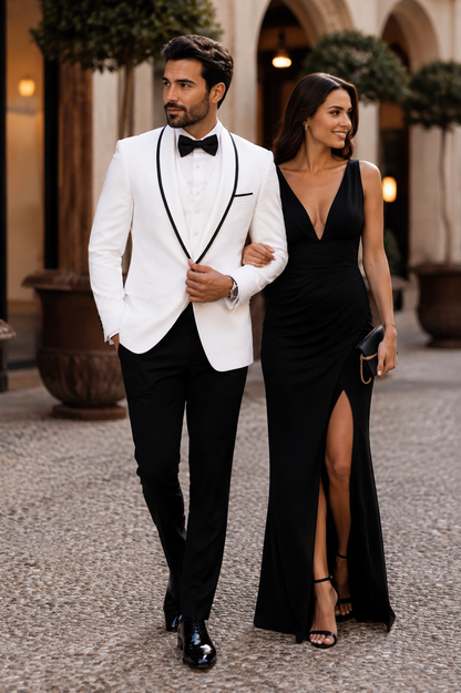 3-Piece Tailored Fit Wool Suit with Bow Tie and Flat Front Pants - White Modern Fit
