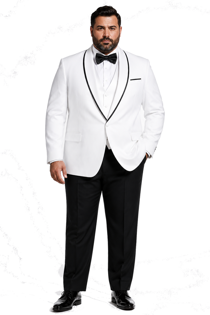 3-Piece Tailored Fit Wool Suit with Bow Tie and Flat Front Pants - White Modern Fit