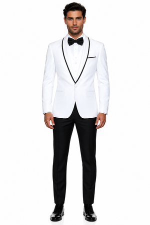 3-Piece Tailored Fit Wool Suit with Bow Tie and Flat Front Pants - White Modern Fit