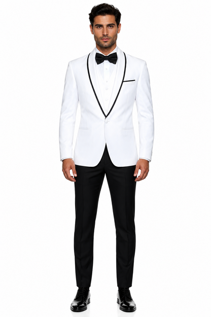 3-Piece Tailored Fit Wool Suit with Bow Tie and Flat Front Pants - White Modern Fit