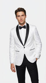 Men’s White Dinner Jacket Disco Blazer 1980s Sequin Style Jacket – Black Lapel Party Blazer, Formal Masquerade Club Wear Paisley Fabric + Bowtie