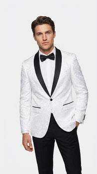 Men’s White Dinner Jacket Disco Blazer 1980s Sequin Style Jacket – Black Lapel Party Blazer, Formal Masquerade Club Wear Paisley Fabric + Bowtie
