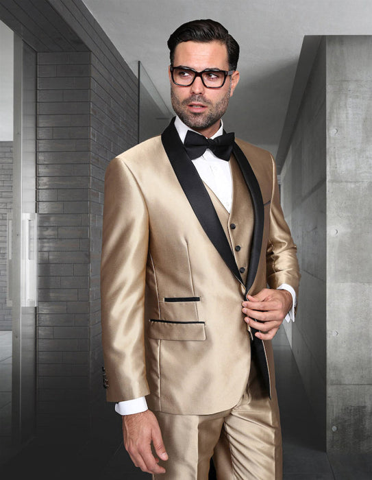 Mens Vested One Button Shiny Sharkskin Shawl Lapel Tuxedo in Gold