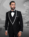 Mens Vested Wool Tuxedo in Shawl Lapel with Satin Trim in Black