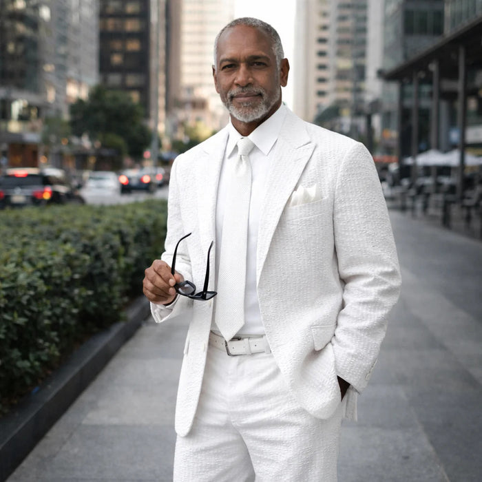 Mens Premium Cotton Seersucker Stripe Suit – White Modern Fit
