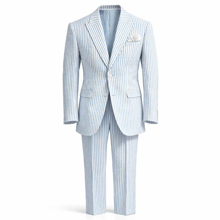 Mens Premium Cotton Seersucker Stripe Suit – Light Blue Modern Fit