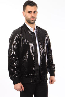Mens Black Blazer - Men's Shiny Sequin Bomber Jacket in Black
