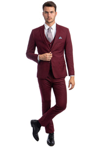 Graduation Suit - Men's Two Button Slim Fit Vested Solid Basic Color Suit in Burgundy