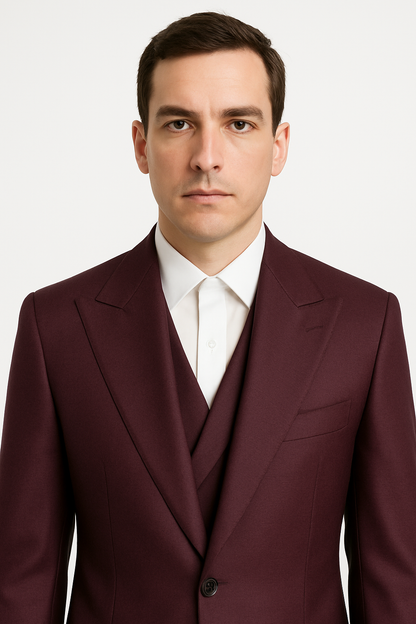 3 Piece Big Peak Lapel Burgundy Suit Vested Wide Leg Pants 1 Button Suit 100% Wool Full Cut Burgundy ~ Wine ~ Vest Maroon Suit - Image 5