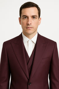 3 Piece Big Peak Lapel Burgundy Suit Vested Wide Leg Pants 1 Button Suit 100% Wool Full Cut Burgundy ~ Wine ~ Vest Maroon Suit