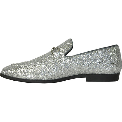 Bravo Mens Modern Glitter Sequin Prom Tuxedo Loafer in Silver Grey - Men's Dress Shoes