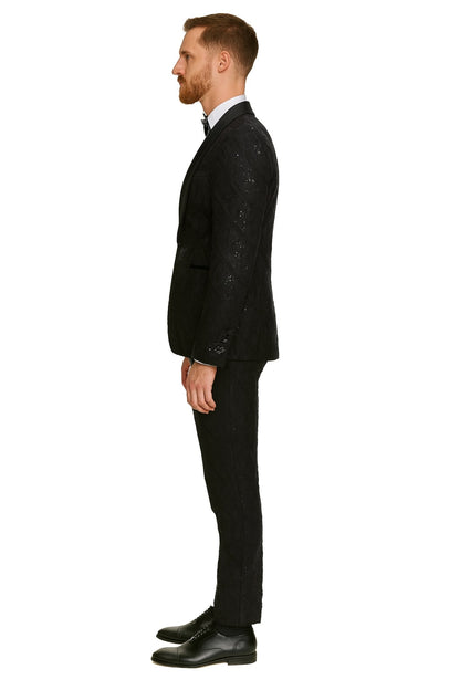 Black Sequin Tuxedo Suit with Satin Shawl Lapel – Mens Slim Fit Formal Prom and Wedding Attire - Image 3
