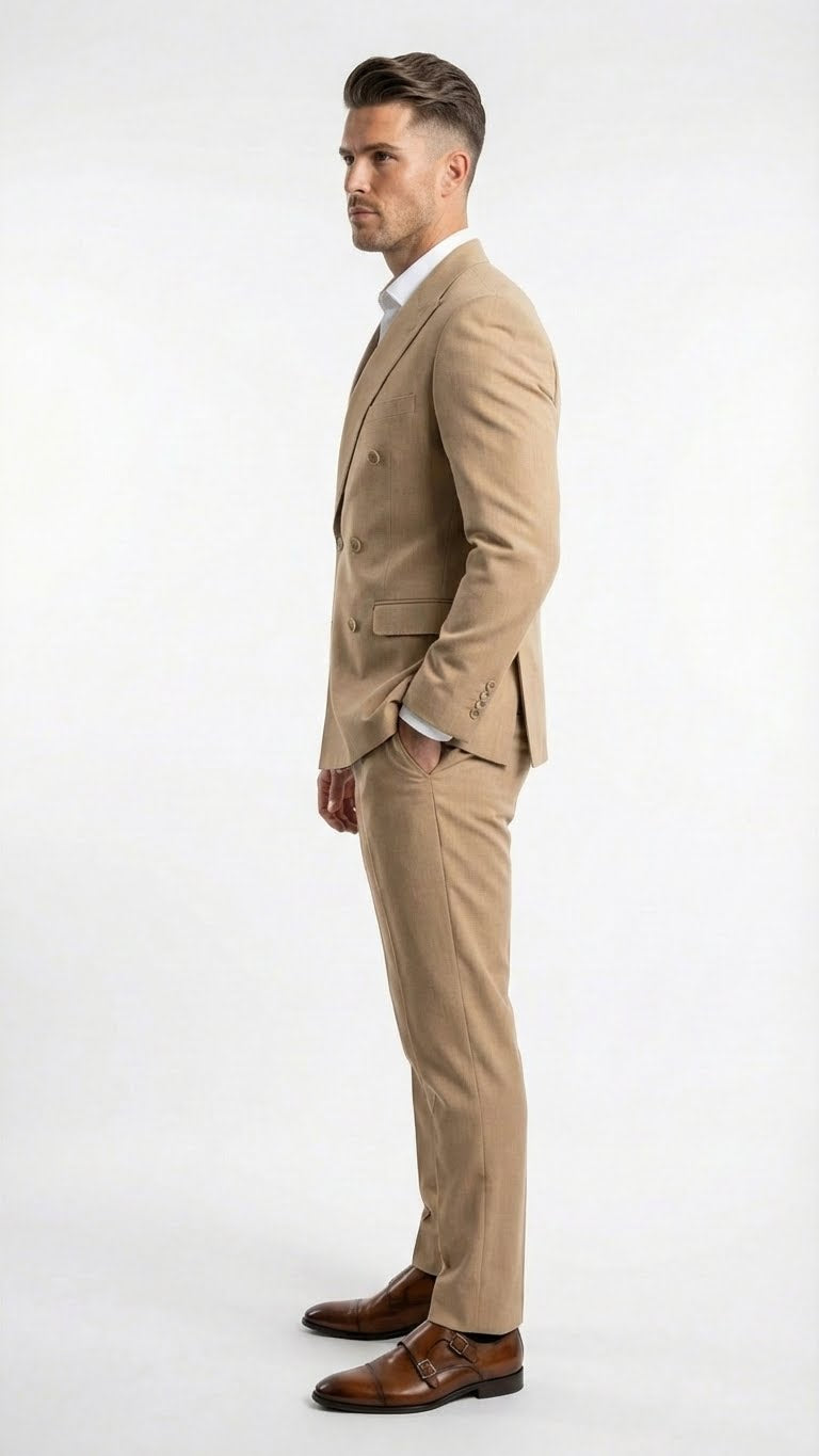 Vitali Brand Men’s Beige Double Breasted Suit – Classic Wedding, Prom & Party Wear Formal Outfit Khaki Camel Color
