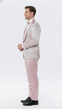Men’s Light Pink Dusty Rose -  Floral Tuxedo Suit – Luxury Satin Shawl Lapel 3-Piece Formal Wedding and Prom Suit in Blush Mauve color