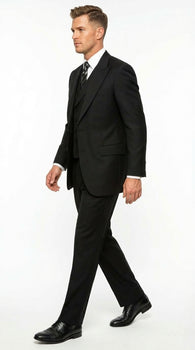 Tiglio Mens Black 3 Piece Suit – Single Button Classic Fit Pleated Wide Leg Pants Formal Business Church Suit - 100% Wool
