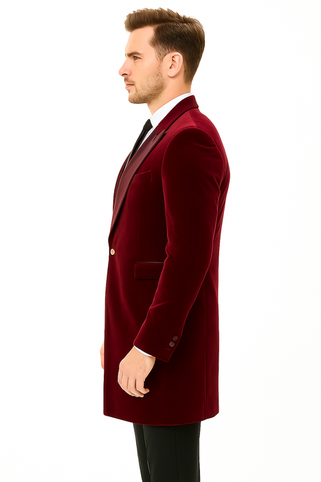 Men’s Burgundy Tuxedo in  Velvet  Long Blazer – Victorian Cutaway Tuxed  Suit 1920s Gangster Style Long Jacket with Black Pants