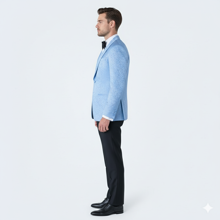 Men’s Light Blue Paisley Tuxedo Jacket – Elegant Satin Shawl Lapel Dinner Blazer for Weddings, Proms in Sky Powder Blue Color Bowtie