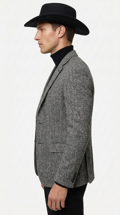 Men’s Grey Herringbone Winter Cowboy Blazer – Western Sport Coat Jacket