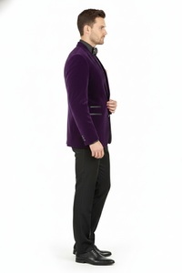 Men’s Purple Velvet Blazer – Luxury Slim Fit Formal Jacket with Black Satin Trim Tuxedo Dinner Jacket