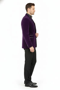 Men’s Purple Velvet Blazer – Luxury Slim Fit Formal Jacket with Black Satin Trim Tuxedo Dinner Jacket