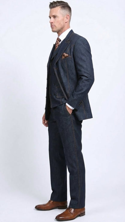 Men’s Dark Denim Blue Fabric Suit – Classic Three Piece Denim Suit for Wedding, Party and Formal Events