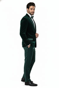 Men’s Dark Green Velvet Tuxedo Dinner Jacket – Slim Fit Formal Blazer with Satin Peak Lapel Lape