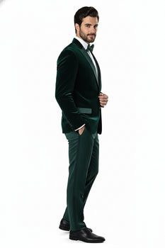 Men’s Dark Green Velvet Tuxedo Dinner Jacket – Slim Fit Formal Blazer with Satin Peak Lapel Lape