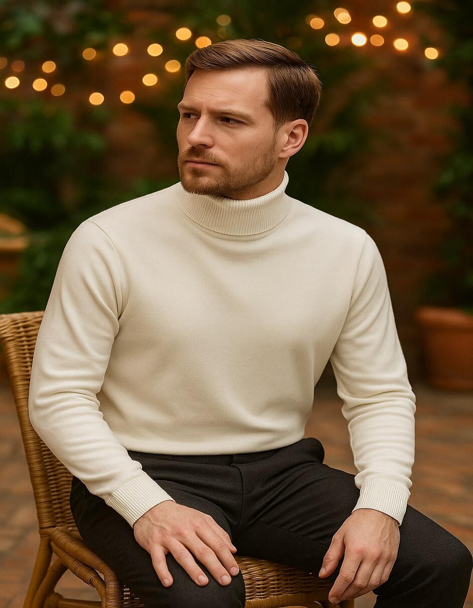 Men's Ivory Turtleneck Sweater – Classic Slim Fit Knit Pullover for Winter Elegance - Cream - Image 3