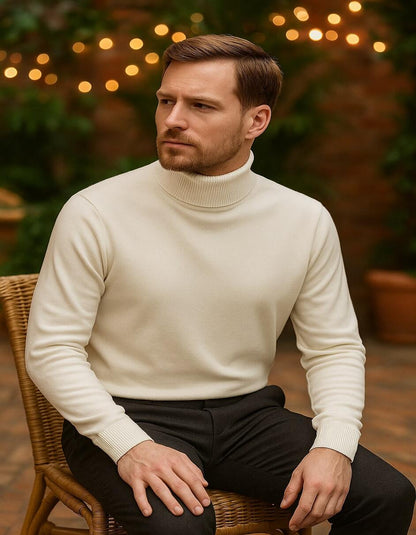 Men's Ivory Turtleneck Sweater – Classic Slim Fit Knit Pullover for Winter Elegance - Cream - Image 3