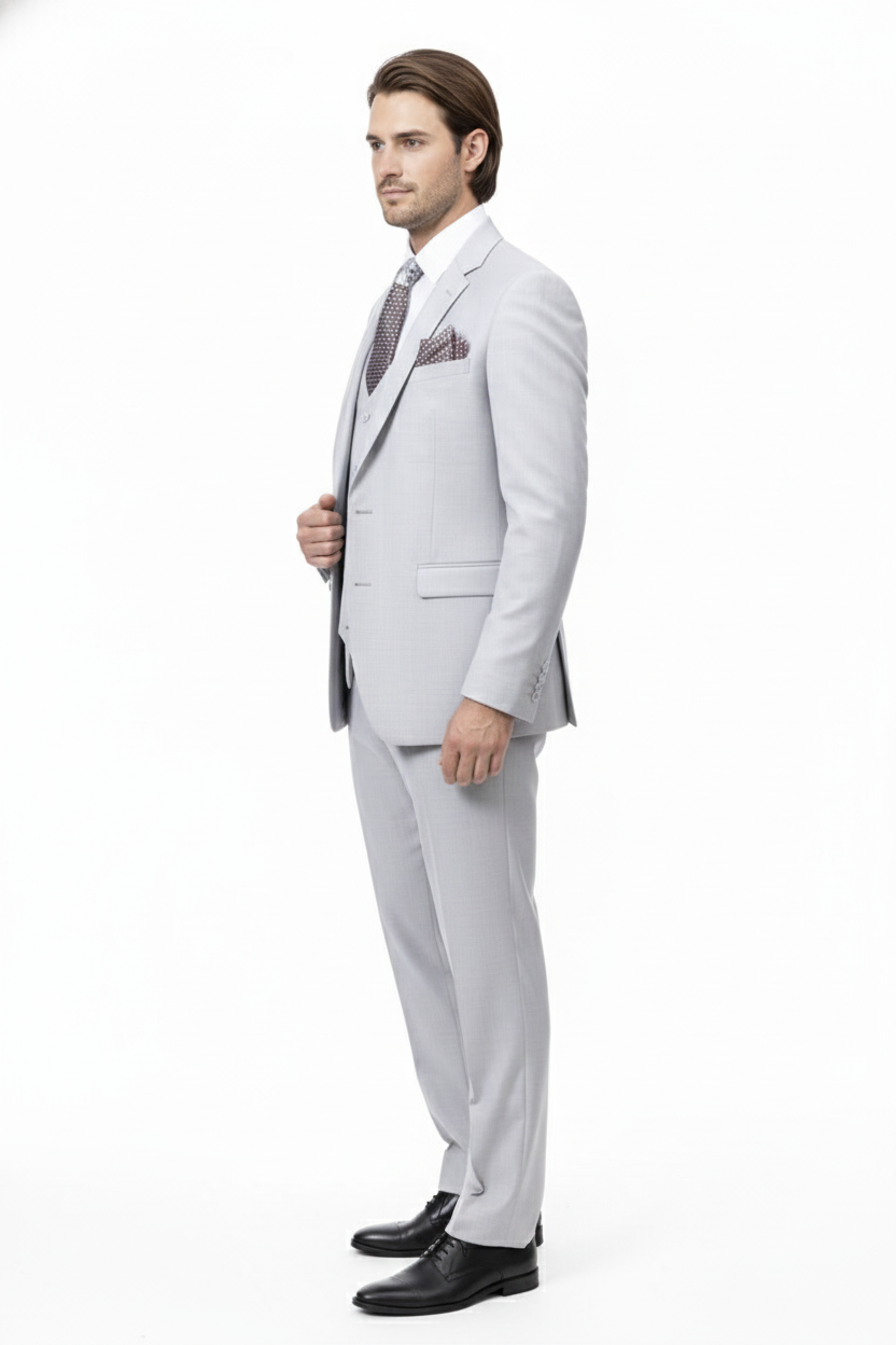 Men’s Very Light Gray Three-Piece  Wedding Suit 2 Buttons Modern or Slim Fit  Ash Bone Color Steel Grey
