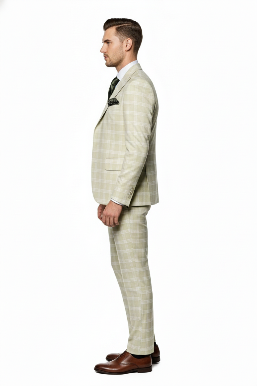 Men’s Light Beige Check 3-Piece Suit Set – Premium Tailored Fit Formal Wedding and Spring Event Suit Light Tan Sand Color By Rossiman